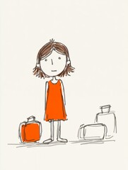 simple minimalist illustration child orange dress suitcase luggage packing travel doodle sketch