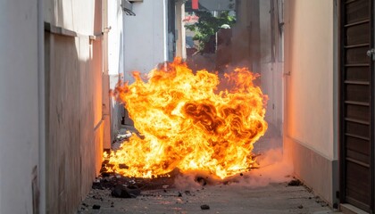 Obraz premium Fiery Explosion in Narrow Alleyway with Flying Debris Cinematic Action Scene Burning Orange Flames and Scattered Remnants