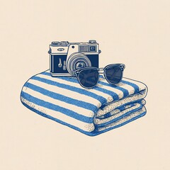 vintage camera sunglasses blue striped beach towel summer vacation illustration