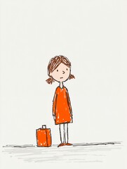 simple illustration sketch child orange dress suitcase waiting minimal line drawing