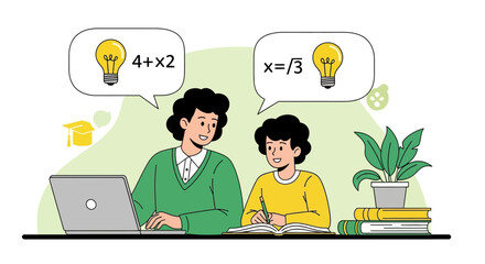 An educator tutoring a student with online math lessons using a laptop and creative ideas