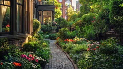 Obraz premium Garden Path Between Victorian Homes at Sunrise