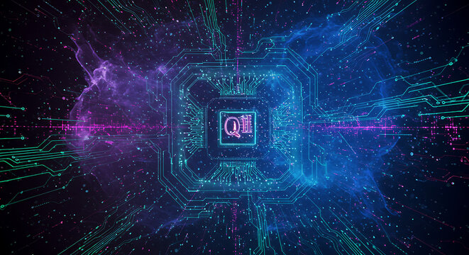 Abstract futuristic digital circuit board with glowing neon lights and data streams