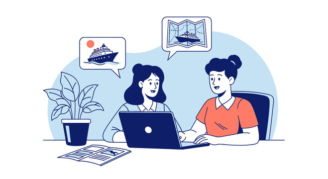 A travel consultant assists a customer with booking a cruise vacation on a laptop in an agency