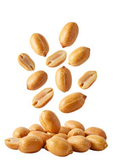 Obraz premium Roasted peanuts floating against a dark backdrop, perfect for snack, food advertising, or ingredient visuals. Isolated on a white background. PNG format