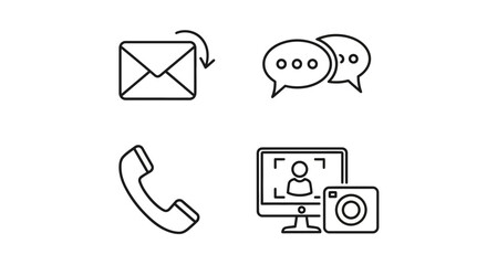 Thin line vector icon set of communication elements mail, chat, phone, and video call.