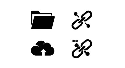 Minimalist black icons for file sharing tools folder, link, and cloud arrow. Flat vector set.