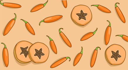 Orange background from chilies and fresh papaya pieces
