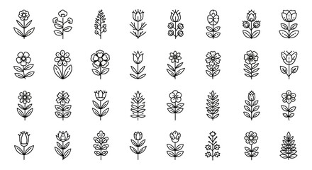 A set of minimalist black outline icons featuring various stylized flowers and botanicals.