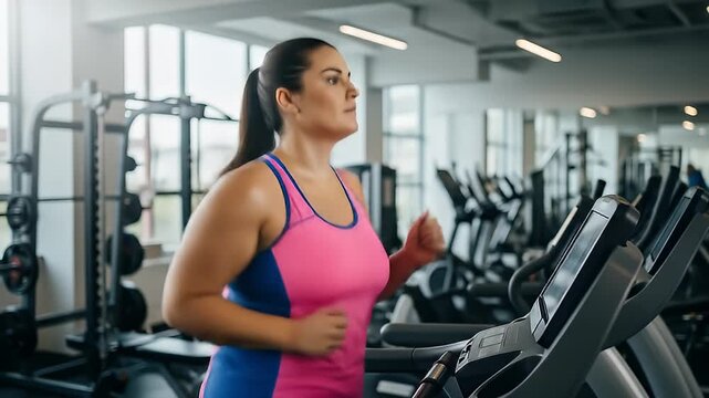 Plus Size Fitness Models Exercising on Treadmill in Gym