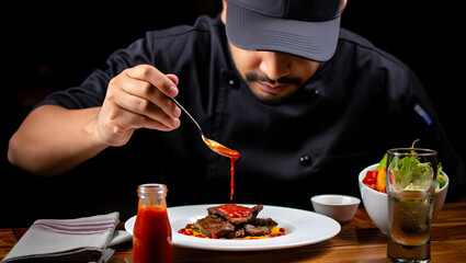 Chef meticulously plating gourmet grilled steak with vibrant red sauce, close-up.