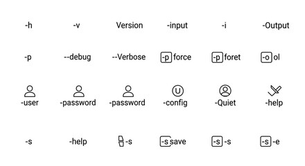 Minimal line icon set of CLI command-line flags and options for app user interface design