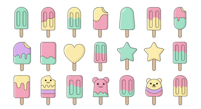 A cute collection of pastel vector icons featuring various ice cream popsicles