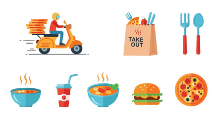 Food delivery service icon set with scooter, takeout bag, pizza, and hot meals in flat design.