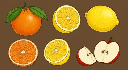 Set of doodle fruits. Natural tropical fruit, doodles citrus orange and vitamin lemon. Vegan kitchen apple hand drawn, organic fruits or vegetarian food. Vector isolated icons, Ai generate,
