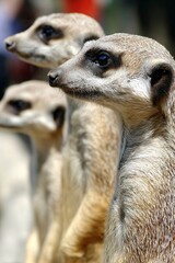 Close up of a group of meerkats looking up, standing alert. Wildlife observation in natural habitat.