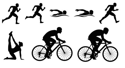 Obraz premium A collection of sports action silhouettes showing running, swimming, cycling, and yoga poses.
