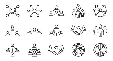 Set of black outline icons for business connection, teamwork, social network, and partnership