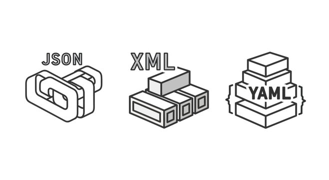 Isometric line art icons of JSON, XML, and YAML data structure block outlines