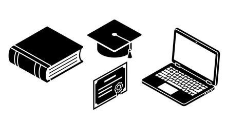 Isometric glyph icons for online education and graduation with book, cap, and laptop