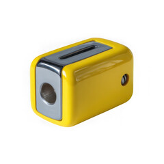 A yellow pencil sharpener with a metallic blade is isolated on a transparent background in a studio setting