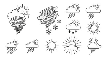 Modern thin-line weather symbols collection, abstract style with storm, snow, and sunny icons.