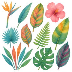 Tropical Leaves and Flower Watercolor Illustration Set