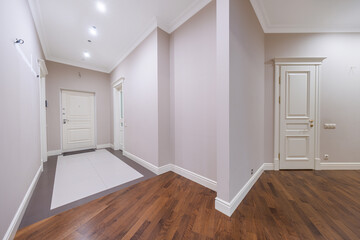A sleek hallway showcases polished hardwood flooring and soft wall colors. Elegant doors lead to different rooms, creating a welcoming atmosphere in this contemporary space.