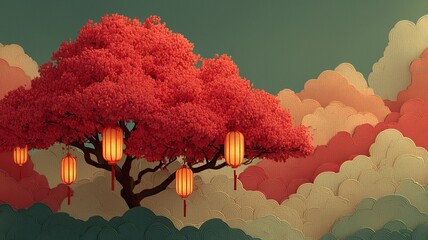 Serene Red Tree with Hanging Lanterns in a Dreamlike Landscape