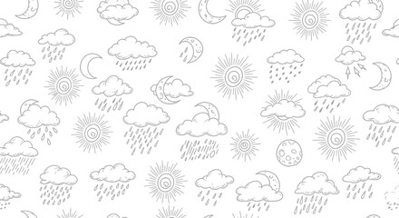 Random scattered weather icons in a doodle style. Playful black sketches of rain, sun, and clouds.