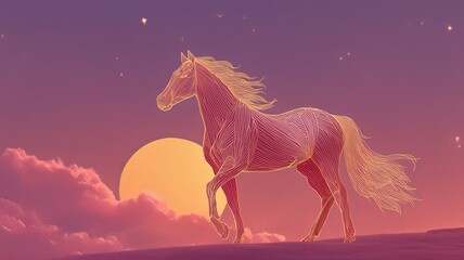 Elegant Line Art Horse Silhouette at Sunset, Peaceful Nature Scene, Dreamy Pink and Gold Tones