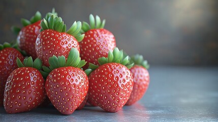 Fresh strawberries show their bright red color and green leaves. Strawberries are ripe and ready to eat.