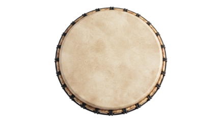 Overhead shot of a djembe drum with a light brown skin and black rope on a black background on transparent background