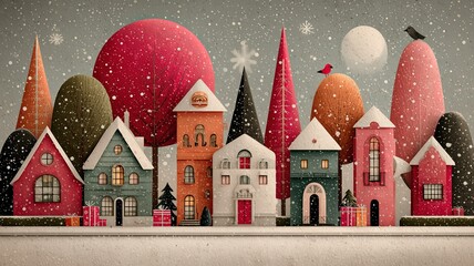 Charming Winter Village Scene: Festive Houses, Snowy Landscape, Holiday Spirit