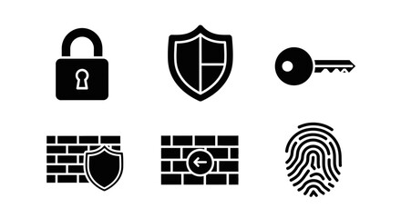 Web security icon set in a solid black glyph style with lock, shield, key, and fingerprint