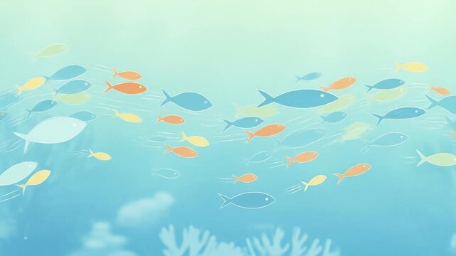 An illustration depicting a school of colorful fish swimming in a blue ocean with coral below.