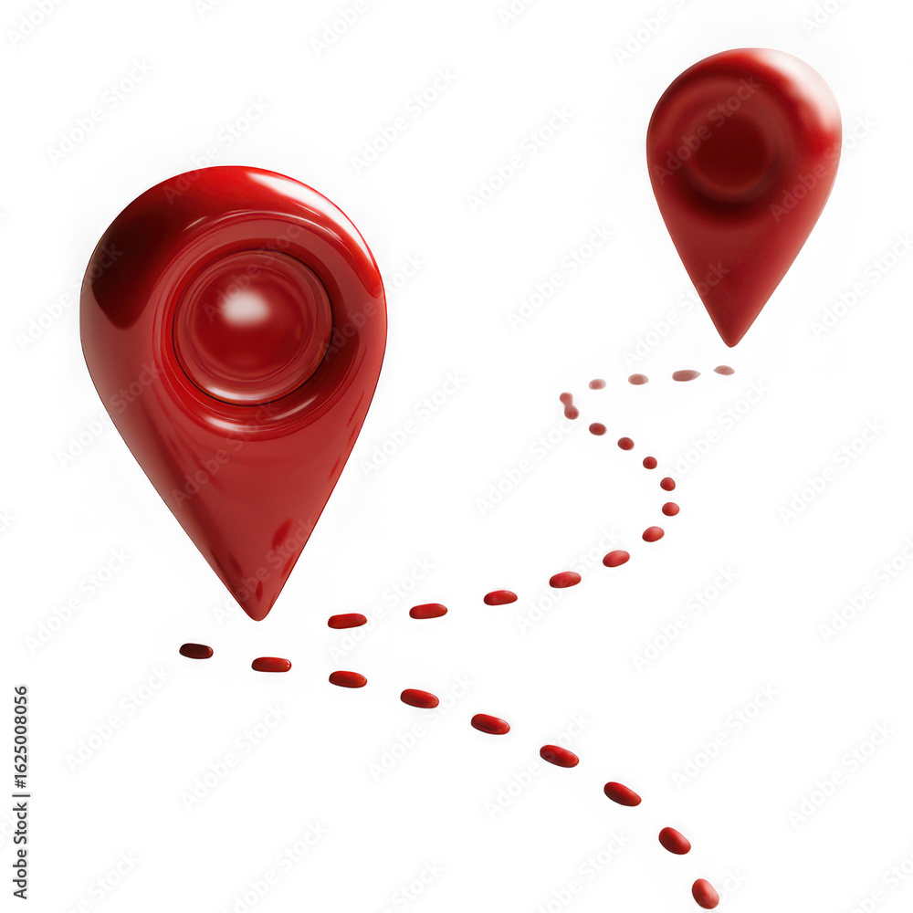 Poster a winding path marked by red location pins indicates a route or journey on a transparent background
