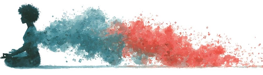 A silhouette of a person meditating, surrounded by colorful splashes of blue and red, symbolizing peace and creativity.