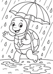 Coloring book turtle walking in rain with umbrella.