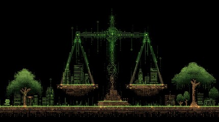 A digital illustration of a balanced scale, symbolizing justice, set against a dark background with pixelated trees and city structures.