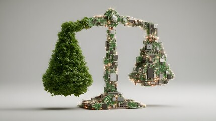 A balanced scale features a tree on one side and circuit board components on the other, symbolizing the intersection of nature and technology.