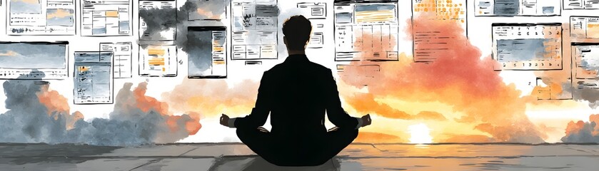A silhouette meditates against a backdrop of colorful clouds and digital screens, symbolizing mindfulness in a tech-driven world.