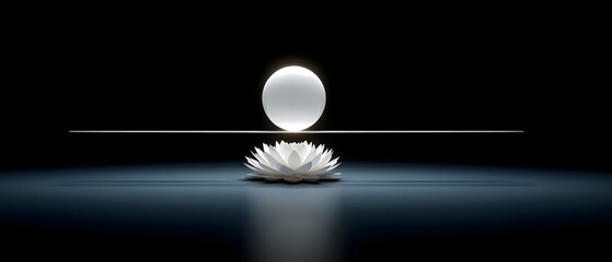 A serene white lotus flower floats beneath a glowing orb, set against a dark backdrop, evoking peace and tranquility.