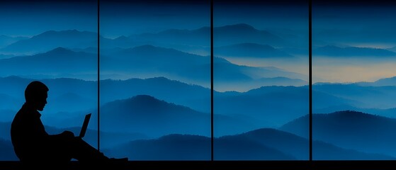 A silhouette of a person working on a laptop against a backdrop of serene blue mountains and layered hills.