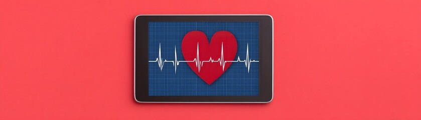 A digital tablet displays a heart symbol with an ECG waveform on a vibrant red background, symbolizing health monitoring and cardiovascular awareness.