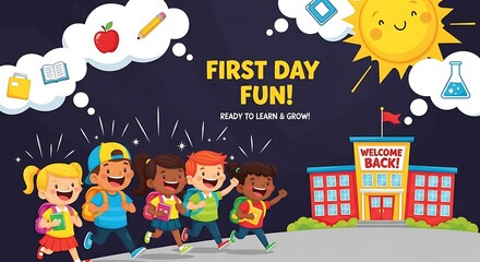 Obraz premium Cartoon illustration of students running to a school building with a welcome back sign above doors