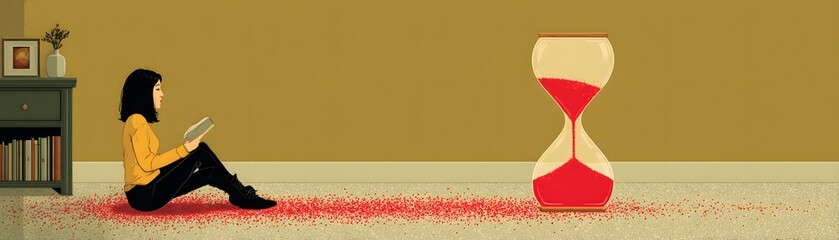 A woman reads on the floor, surrounded by red sand from an hourglass, symbolizing time and introspection in a minimalist environment.