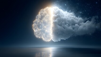 A dazzling cloud split by a burst of light, resembling a cosmic explosion in a serene, starry atmosphere over calm waters.