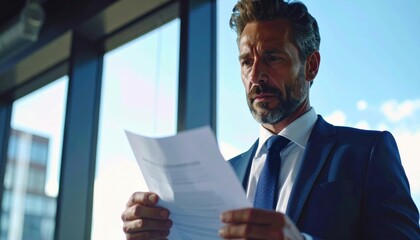 Businessman Reading Documents: A focused businessman in a suit intently reviewing paperwork in a modern office with bright windows.