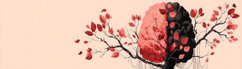 A stylized brain illustration intertwined with branches and leaves, representing the connection between nature and mental processes.